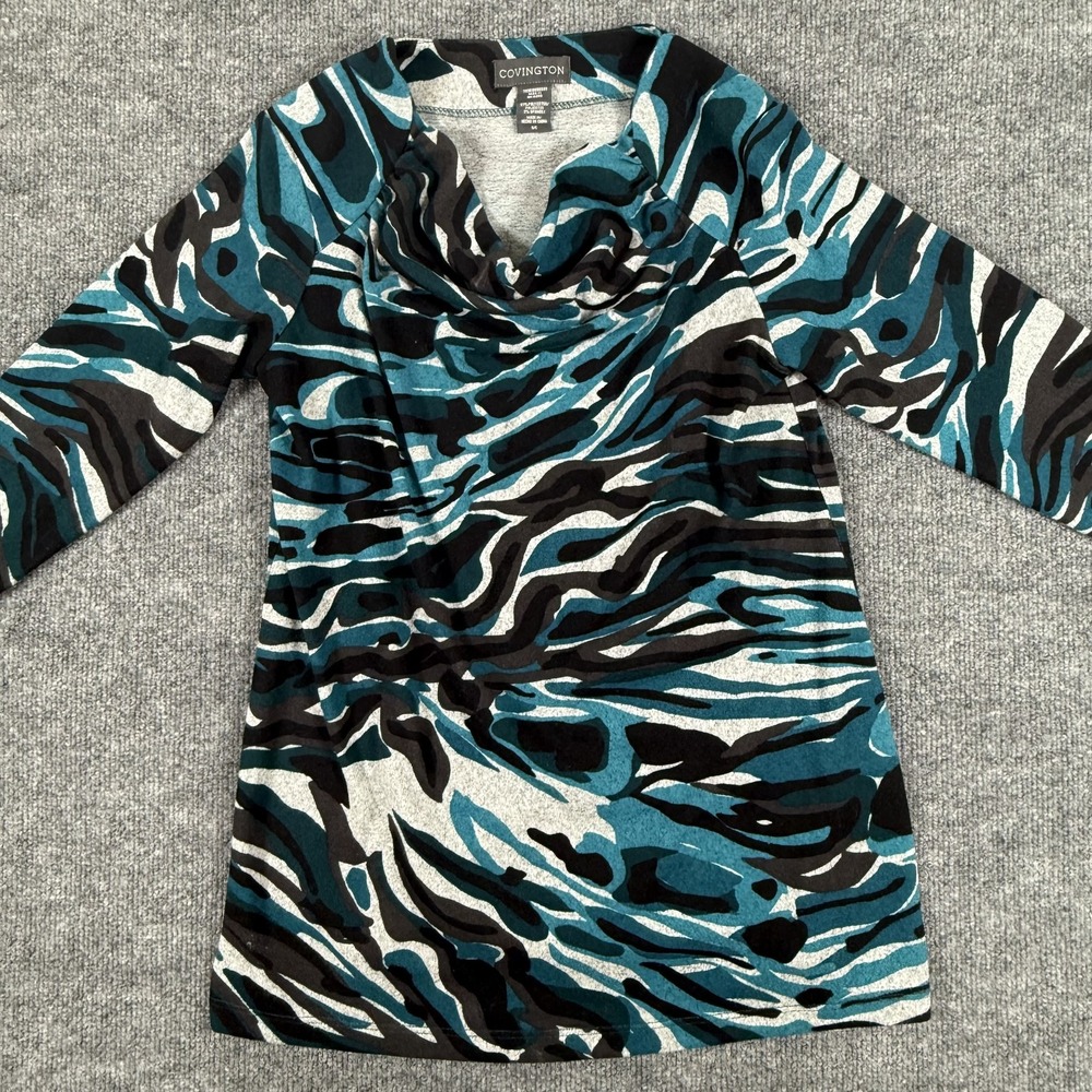 Tunic Dress Womens Small Blue Black White Cowl Neck Abstract Print Stretchy‎